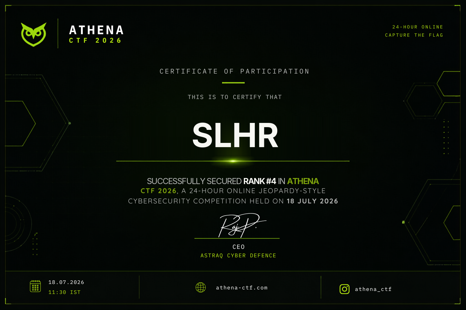 ATHENA CTF 2026 4위 인증서