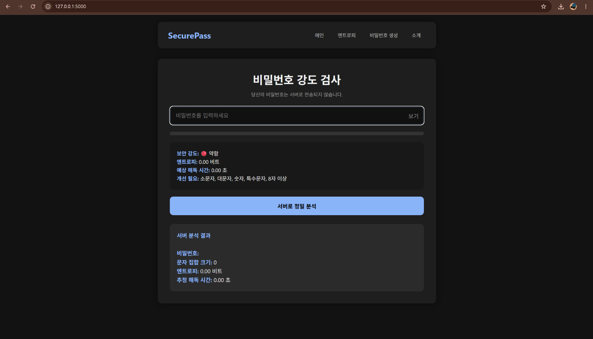 비밀번호 강도 분석기 실행 화면